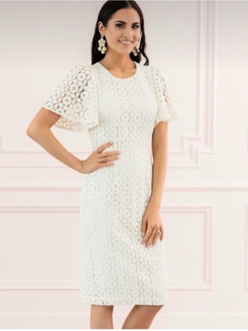 Rachel Parcell White Floral Lace Midi Dress with Flutter Sleeves